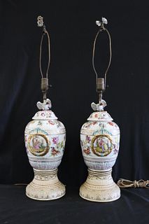 Pair Of Meissen Style Porcelain Urns As Lamps.