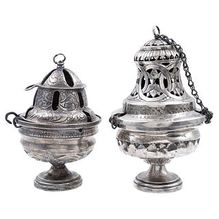 PAIR OF CENSERS* MEXICO, 18th Century. Silver. One is marked "MARTINES" and the other w/ seal of Antonio Forcada y la Plaza.