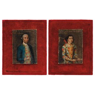 PAIR OF MINIATURE PORTRAITS OF DOÑA MARÍA ANTONIA DE ARAUJO AND DON SANTIAGO DEL BUSTO. MEX, 18th Century.  Oil on canvas on board.
