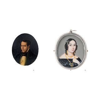 PAIR OF MINIATURE PORTRAITS. MEXICO & SPAIN, 19th Century.  Oil on copper and gouache on ivory plaque.