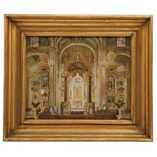 INTERIOR OF THE BASILICA OF OUR LADY OF GUADALUPE. MEXICO, 20th Century. Oil on canvas. Signed "J. Cortés cop"