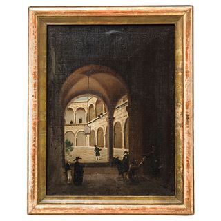 INTERIOR VIEW OF CONVENT. MEXICO, 19th Century. Oil on canvas.