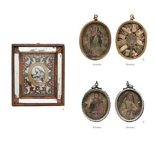 LOT OF THREE RELIQUARIES. MEX, 19th Century. Gouache on gutta-percha, oil on copper plaque, and colored lithographs. Diverse medallions.
