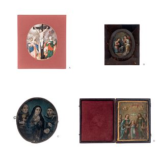 LOT OF FOUR RELIQUARIES. MEXICO, 19th Century. Gouache on vellum and oil on copper and zinc plaques.