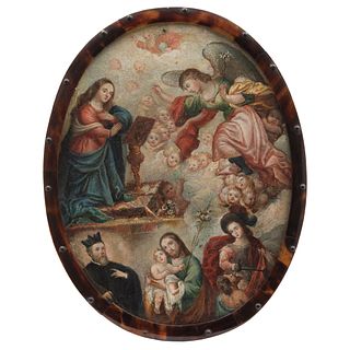 NUN'S SHIELD. MEXICO, Early 19th Century. Oil on copper plaque. Tortoiseshell frame.