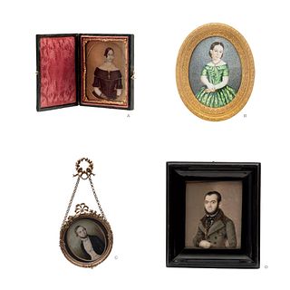 LOT OF FOUR MINIATURE PORTRAITS. SPAIN, 19th Century.  Oil on gutta-percha and gouache on ivory plaque.