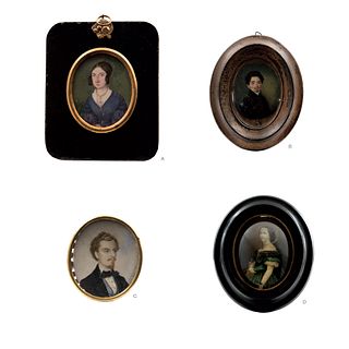 LOT OF FOUR MINIATURE PORTRAITS. ENGLAND, FRANCE & SPAIN. 19th Century. Oil on gutta-percha and gouache on ivory plaque.