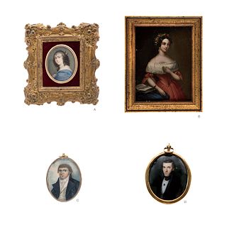 LOT OF FOUR MINIATURES. SPAIN, FRANCE, & MEXICO, 19th Century. Oil on copper plaque, gouache on ivory and bronze box.