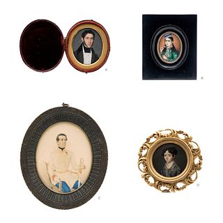 LOT OF FOUR MINIATURE PORTRAITS. MEXICO & FRANCE, 19th Century. Gouache on ivory plaque and watercolor and graphite on cardboard.