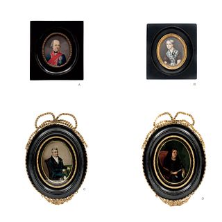LOT OF FOUR MINIATURE PORTRAITS. FRANCE & MEXICO, 19th Century.  Gouache on ivory plaque, on gutta-percha and oil on copper plaque