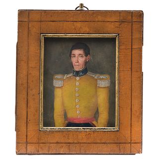 PORTRAIT OF SOLDIER, SPAIN, 19th Century. Gouache on paper. Wooden frame with brass border and upper ring.