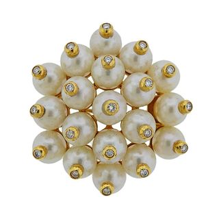 18k Gold Diamond Pearl Brooch Pin 