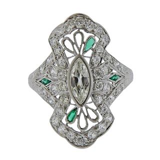 Art Deco Platinum Diamond Emerald Ring 