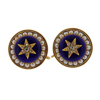 Antique Victorian 14k Gold Diamond Enamel Earrings 