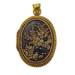 Antique Victorian Shakudo Mixed Metal Gold Locket Pendant 