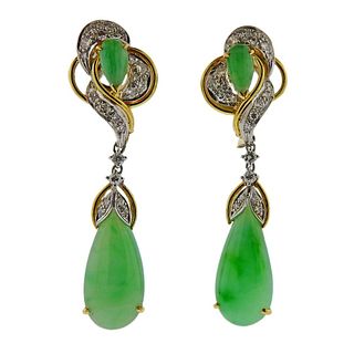 18k Gold Diamond Jade Drop Earrings 