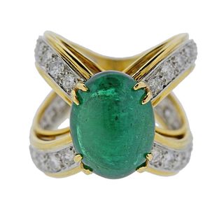9.97ct Emerald Cabochon Diamond 18k Gold Ring 