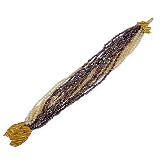 French 18k Gold Pearl Multi Strand Bracelet 