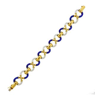 Italian 18k Gold White Blue Enamel Bracelet
