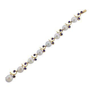 Ruser 1950s 14k Gold Pearl Sapphire Bracelet 