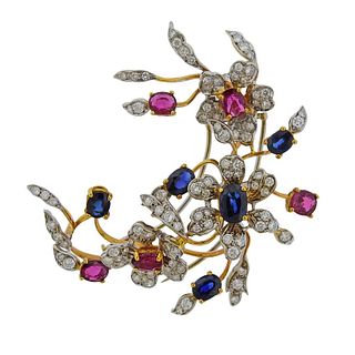 18k Gold Diamond Sapphire Ruby Flower Brooch Pin 