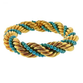 1960s 18k Gold Turquoise Rope Bracelet 