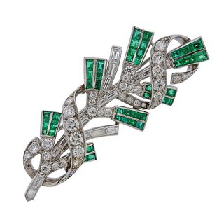 Tiffany &amp; Co Platinum Diamond Emerald Brooch Pin