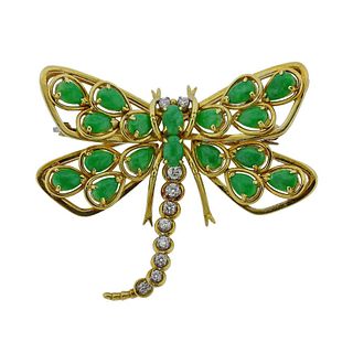 18K Gold Diamond Jade Dragonfly Brooch Pin