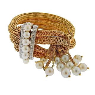 1940s 14k Gold Diamond Pearl Tassel Bracelet 