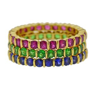 Gemlok 18k Gold Sapphire Ruby Emerald Ring Set 3pc