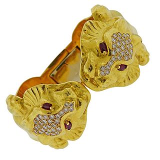 Diamond Ruby 18k Gold Lion Head Bracelet