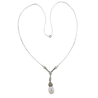 Art Deco Platinum Diamond Pearl Drop Pendant Necklace 