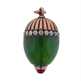 Faberge Antique 14K Diamond Nephrite Ruby Egg Pendant
