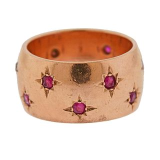 Retro 14K Rose Gold Ruby Wide Band Ring