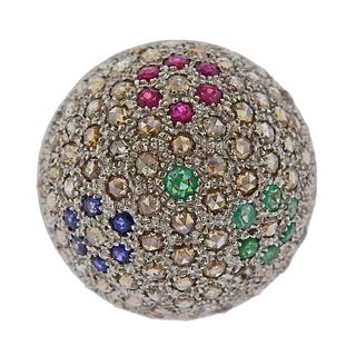 14K Gold Diamond Ruby Sapphire Emerald Dome Ring