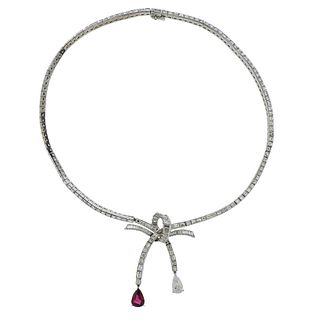 Platinum Diamond Ruby Pendant Necklace 