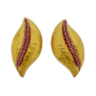 Large 18k Hammered Gold Ruby Earrings 