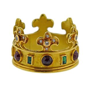 18K Gold Diamond Gemstone Crown Ring