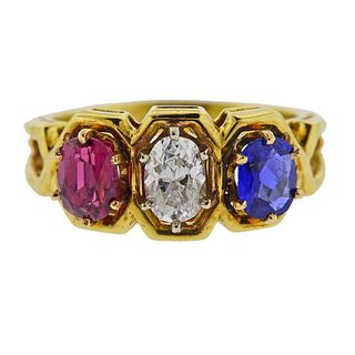 18K Gold Diamond Ruby Sapphire Ring