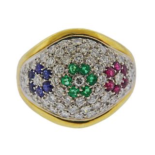 18K Gold Diamond Ruby Sapphire Emerald Flower Ring