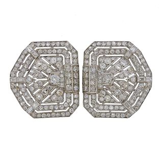 Art Deco Platinum DIamond Clip Brooch Set 
