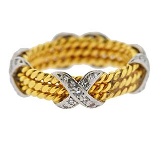Tiffany &amp; Co Schlumberger 18K Gold Diamond Rope Three Row X Ring