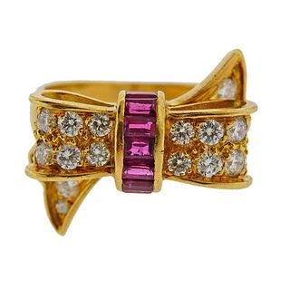 Tiffany &amp; Co 18k Gold Diamond Ruby Bow Ring