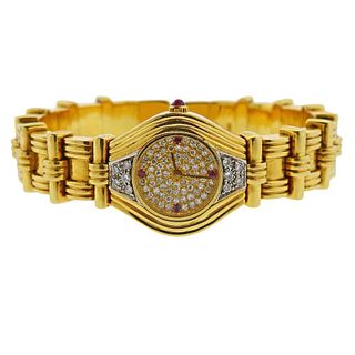 18k Gold Diamond Ruby Lady&#39;s Watch Bracelet 