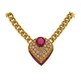 18k Gold Diamond Ruby Pendant on Necklace 