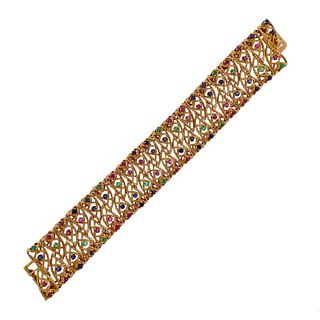 1960s 18k Gold Ruby Sapphire Emerald Wide Bracelet 