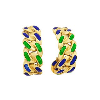 Bvlgari Bulgari Blue Green Enamel 18k Gold Link Earrings 