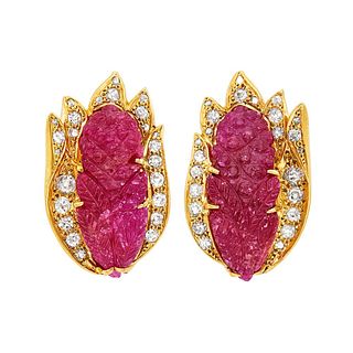 18k Gold Carved Ruby Diamond Earrings 