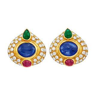 18k Gold Sapphire Ruby Emerald Diamond Earrings 