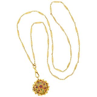 Antique 14k Gold Enamel Watch Pendant Necklace 